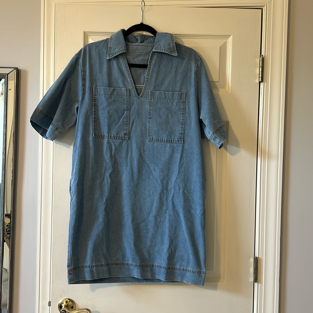 Jean dress. Size small on Amazon, but runs large